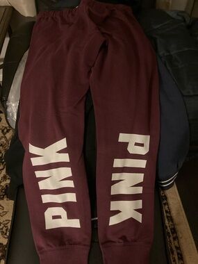 PINK Victoria's Secret Maroon Sweatpants with White PINK word Logo